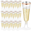 A collection of elegant disposable plastic champagne flutes in gold and clear glass, shown from various angles.