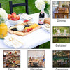 Various scenes showing stretch tablecloths used for dining, outdoor events, parties, birthdays, and camping.