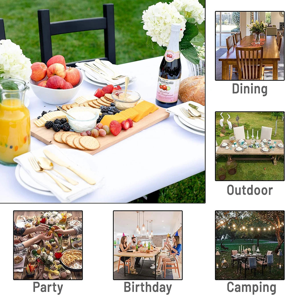Various scenes showing stretch tablecloths used for dining, outdoor events, parties, birthdays, and camping.