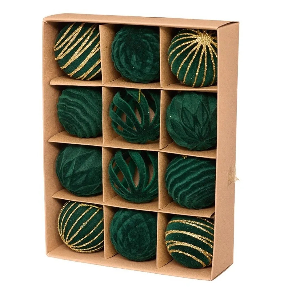 A box containing twelve velvet Christmas hanging ornaments, some gold-striped and others solid green.