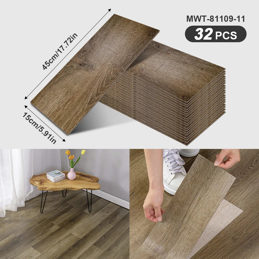 A pack of 32 wood grain peel-and-stick floor and wall stickers showing various plank sizes and textures.