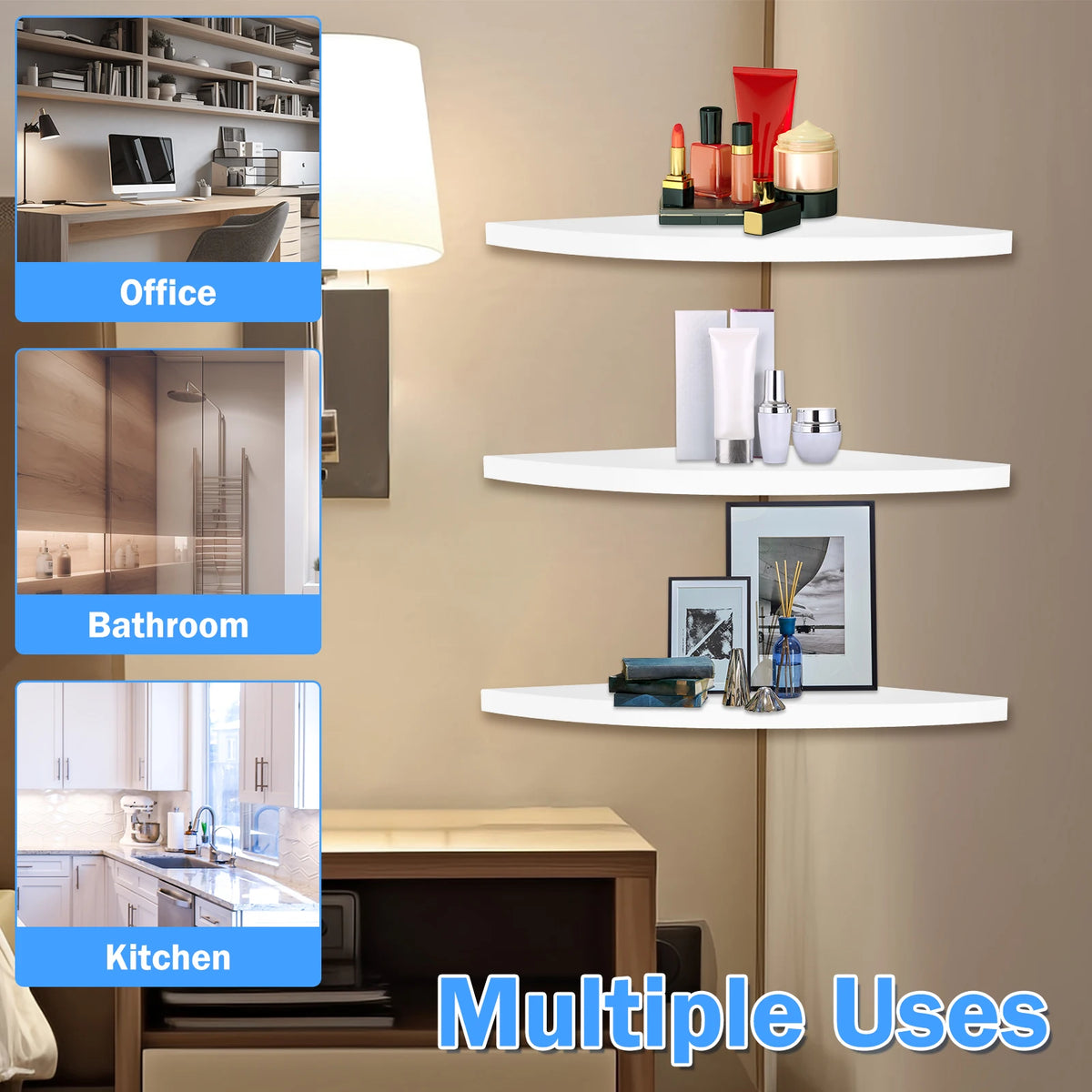 A set of three white wall-mounted corner shelves displaying various household items in an interior setting.