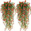 Set of three lifelike faux eucalyptus hanging plants with vibrant red and orange flowers