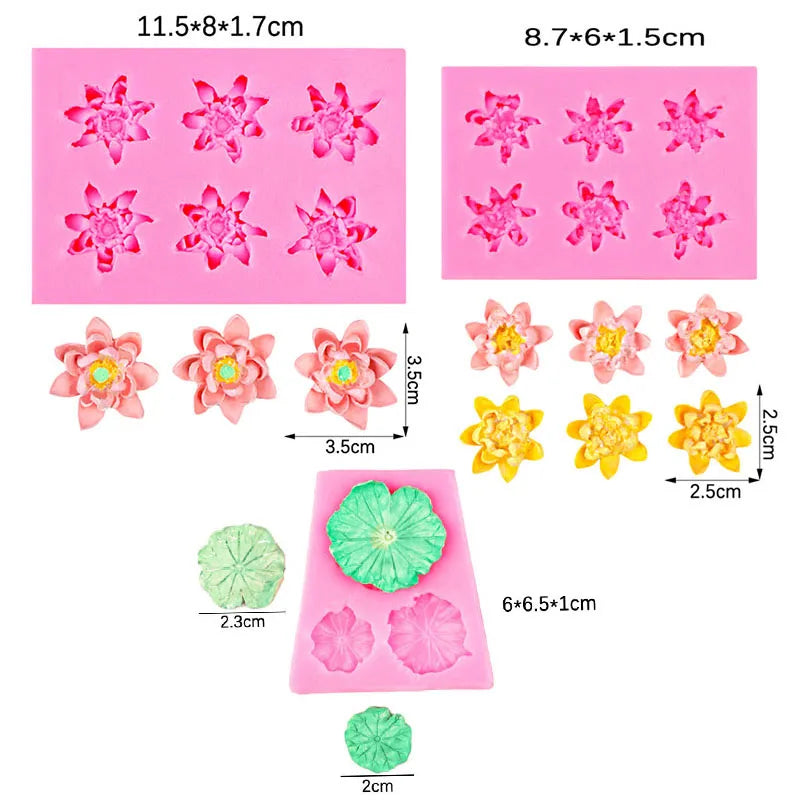 A set of pink and yellow lotus leaf silicone molds for cake decorating, including various flower shapes.