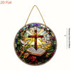 2D flat stained glass art featuring a cross, dove, and open book design.