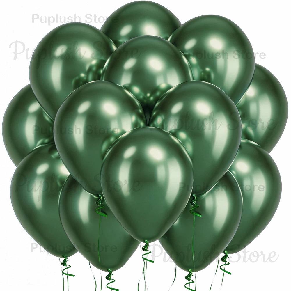 A bunch of sage green latex balloons clustered together.