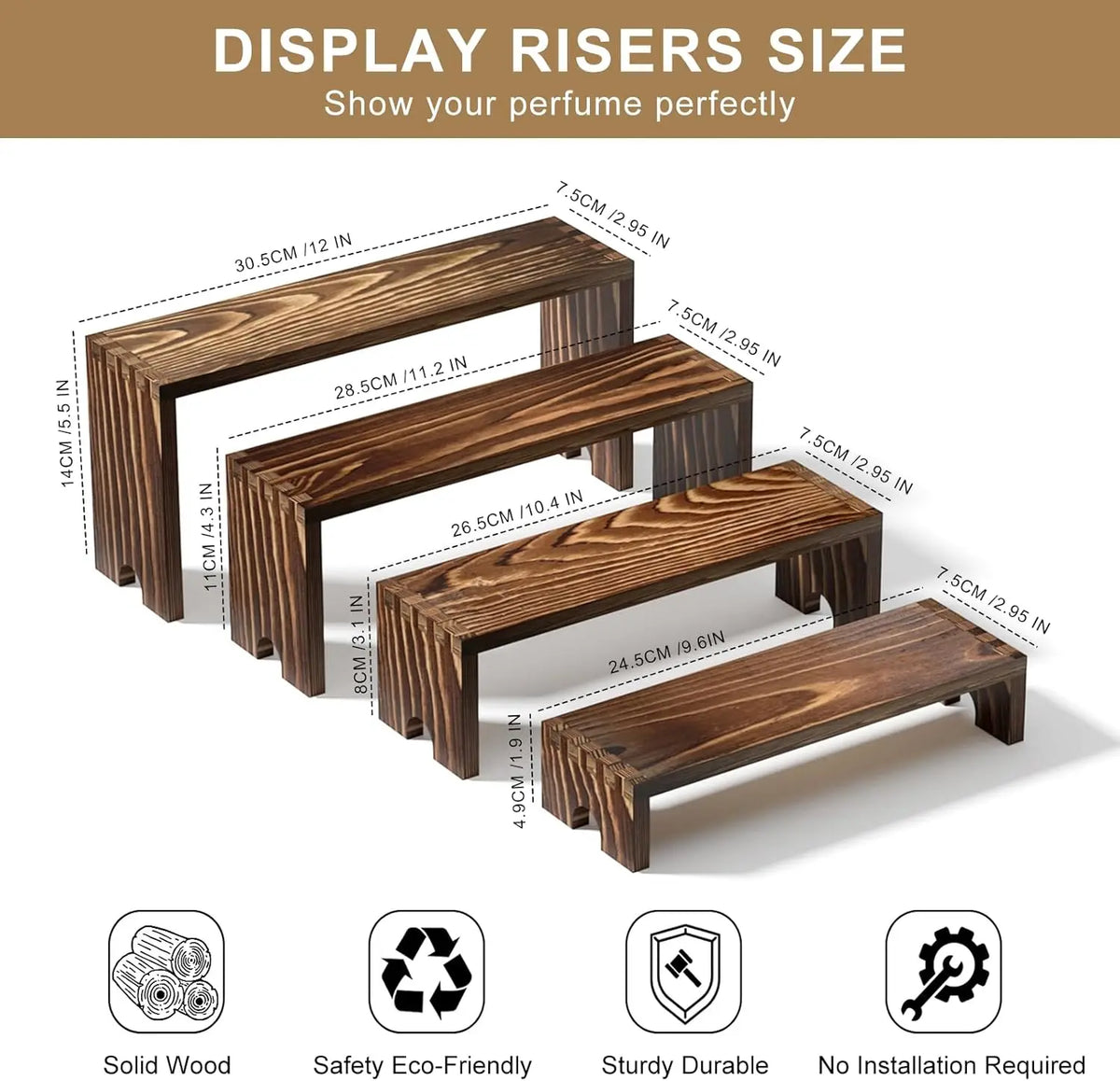 A set of wooden display risers in various sizes and heights for perfume or product display.