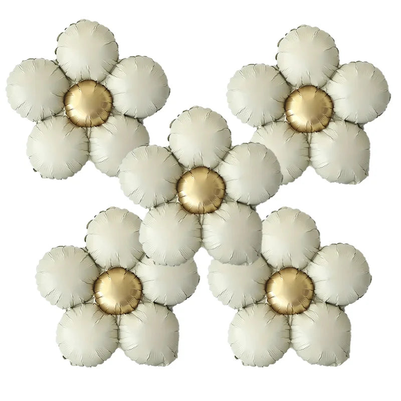 A set of five matte foil flower balloons in red and pink daisy designs with gold accents.