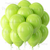 A bunch of bright lime green latex balloons clustered together.