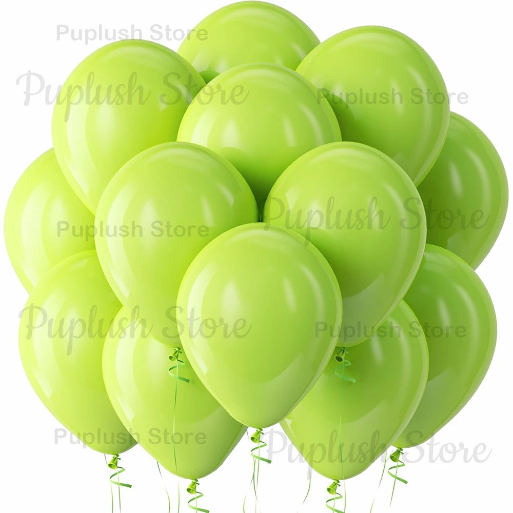 A bunch of bright lime green latex balloons clustered together.