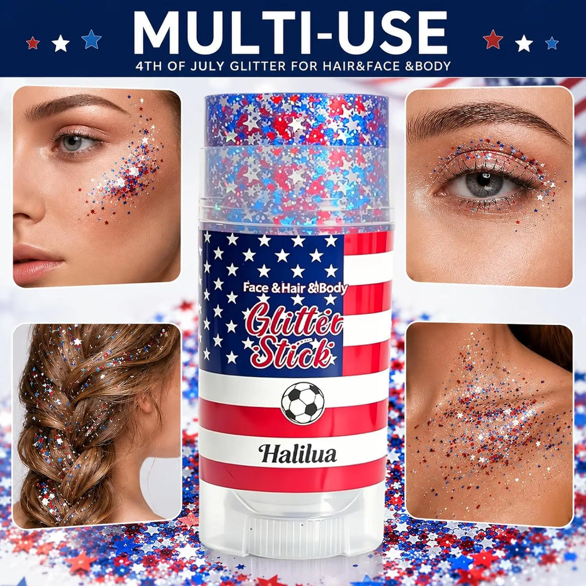 Un bâton de paillettes Halilua multi-usage avec des paillettes patriotiques rouge, blanc et bleu dispersées sur une surface.