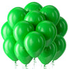 A bunch of bright green latex balloons in heart shapes