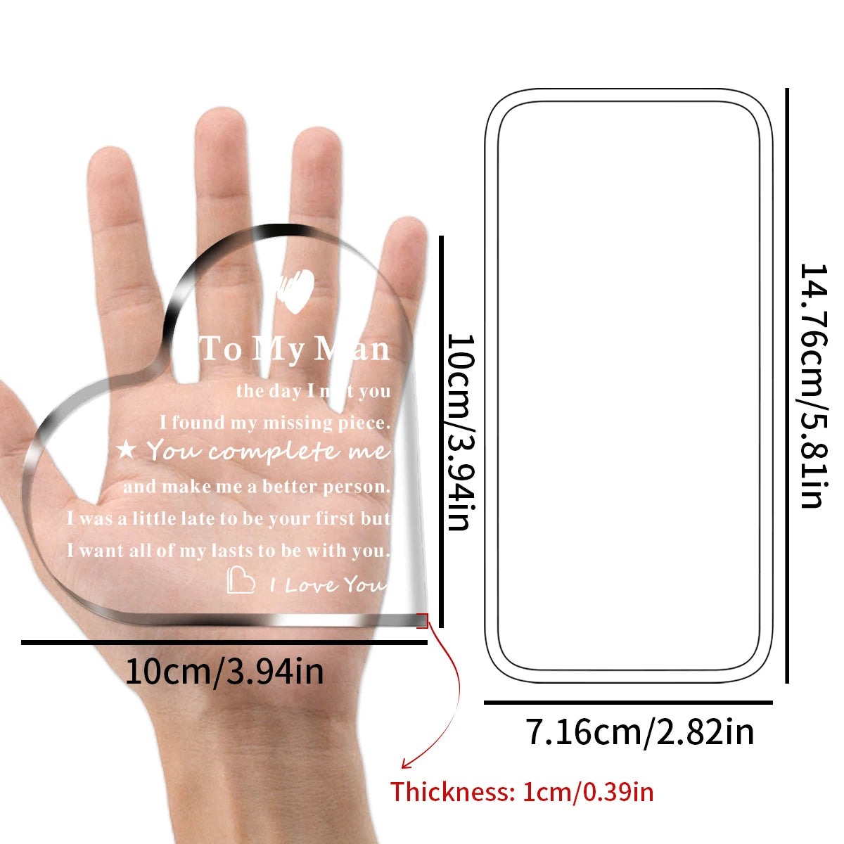 A clear acrylic heart keepsake plaque is shown resting on a hand, illustrating its size and thickness.