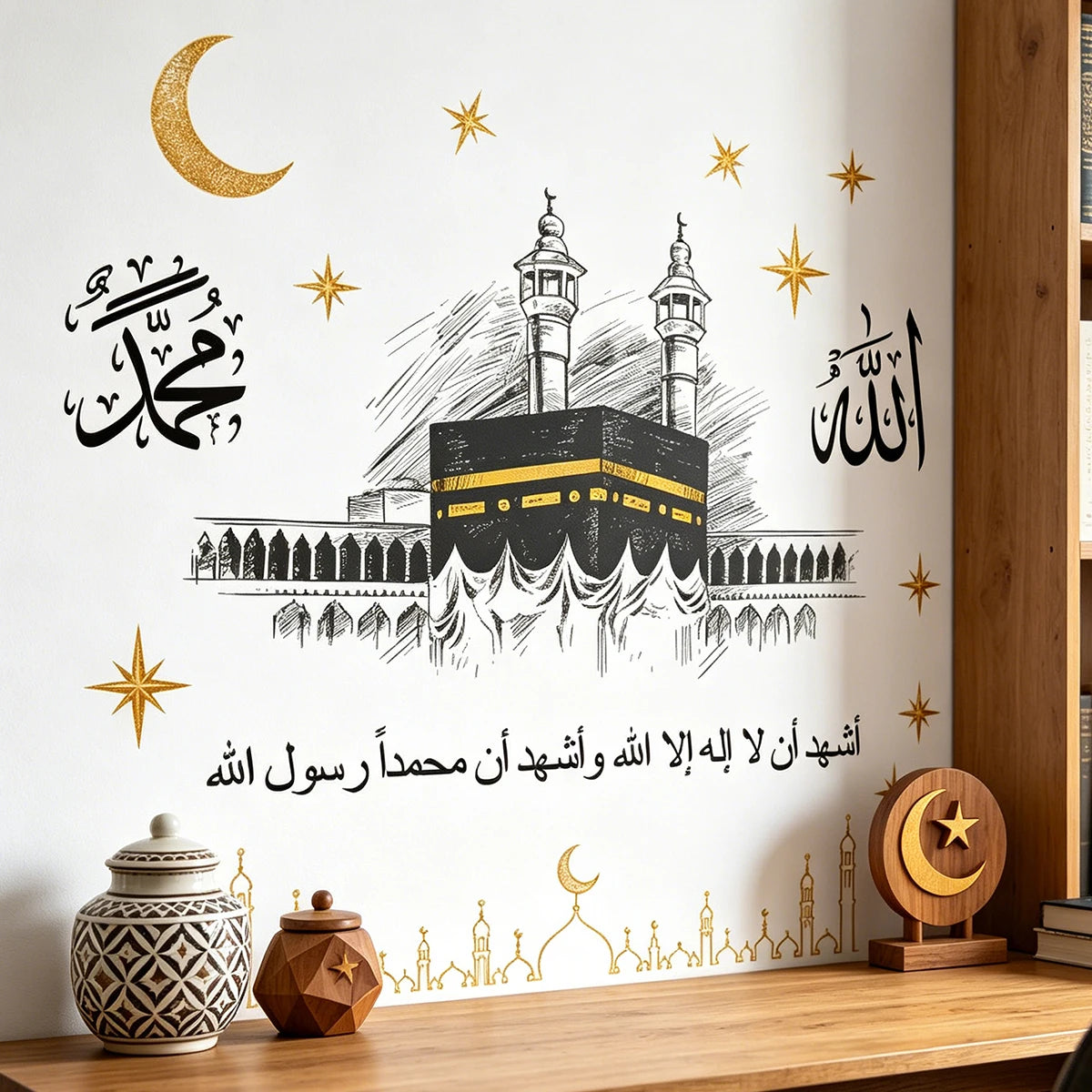 Islamic wall decal featuring calligraphy of Muhammad and Shahada alongside a silhouette of the Kaaba