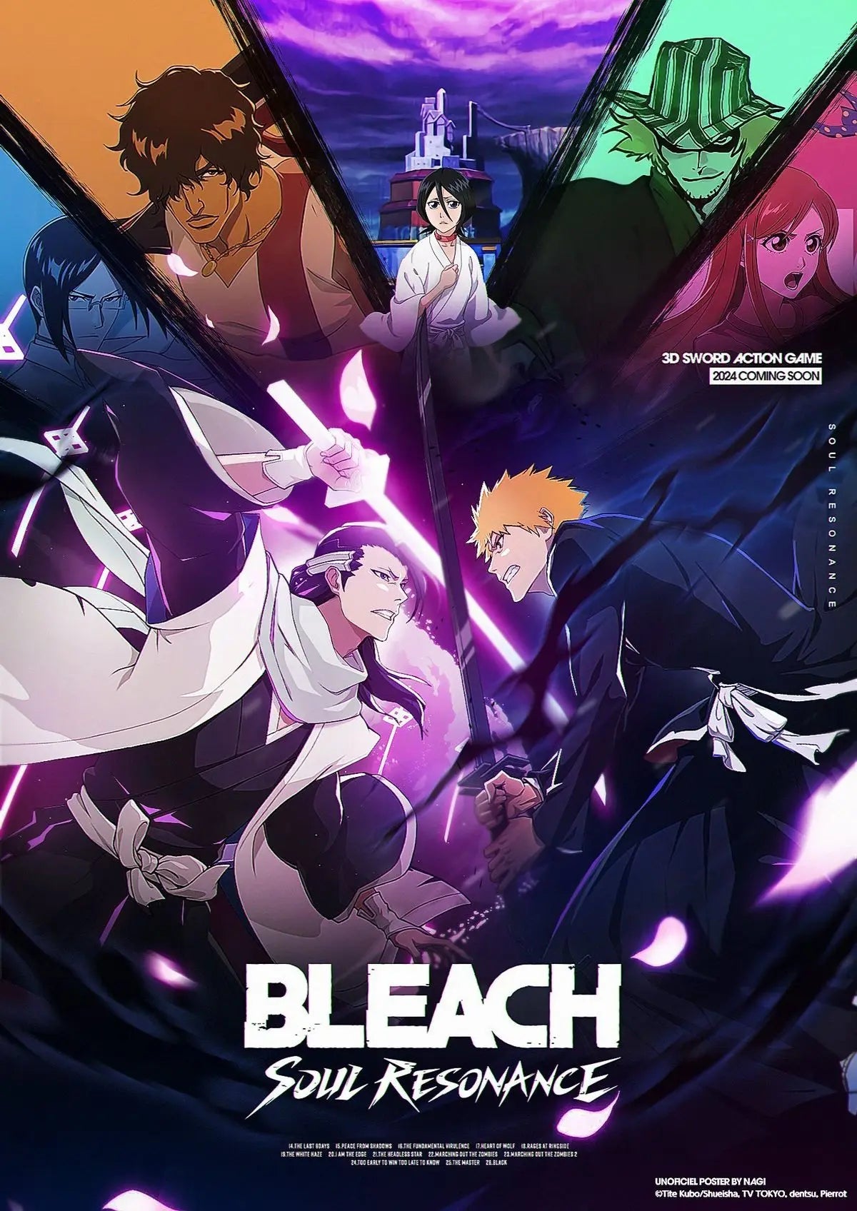 Anime Bleach Soul Resonance Poster mit Charakteren in dynamischen Posen und lila-rosa Beleuchtung