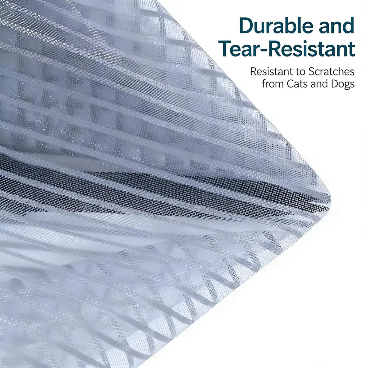 Close-up view of a gray magnetic automatic screen door curtain fabric showing a woven texture.