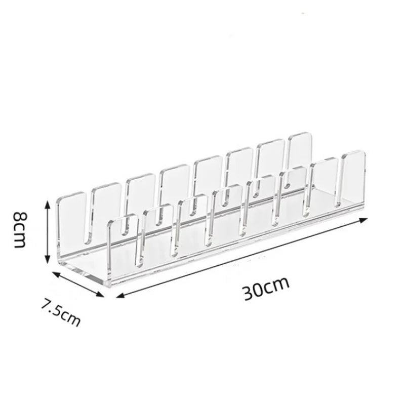 Clear acrylic cap storage rack with multiple display slots, measuring 8cm by 30cm.