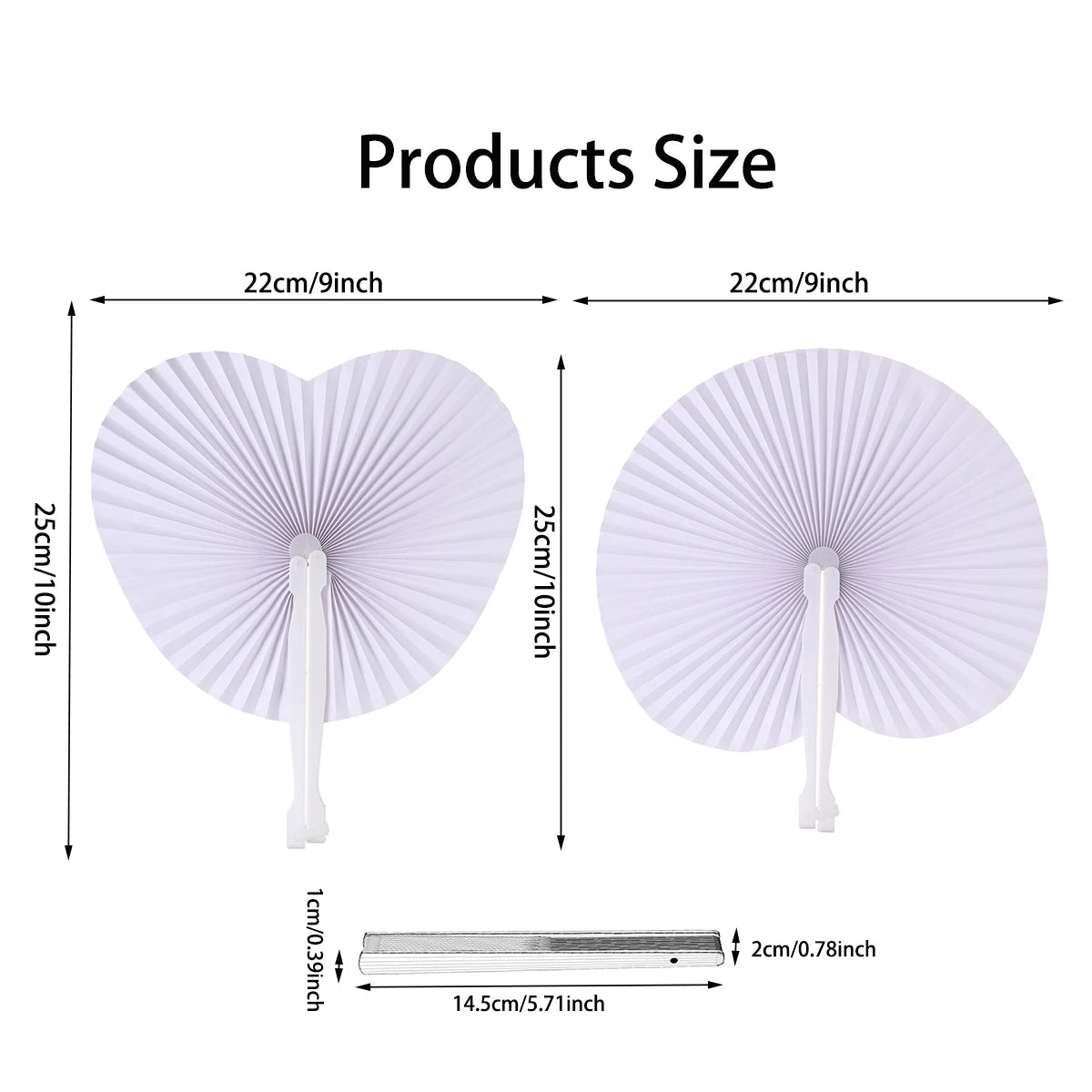 White heart-shaped paper folding fans shown with various sizes and dimensions.