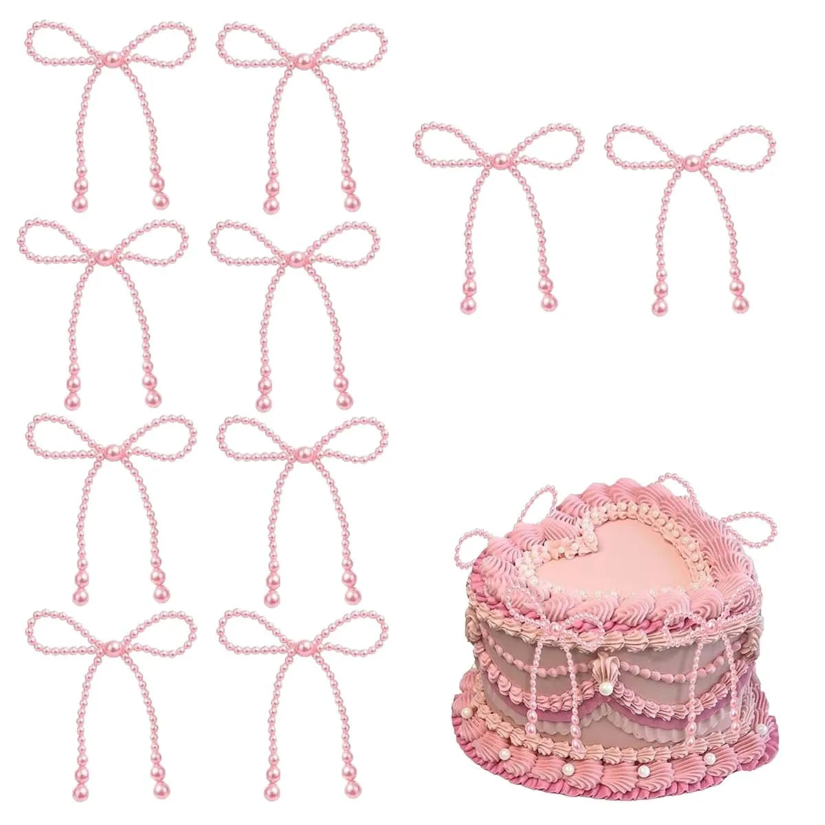 A set of pink pearl bow cake toppers and decorations for elegant party use