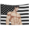 Japanese anime style muscular man against an American flag background tapestry