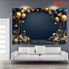 A 2D flat navy blue and gold party backdrop banner featuring a decorative floral archway above a wooden stage.