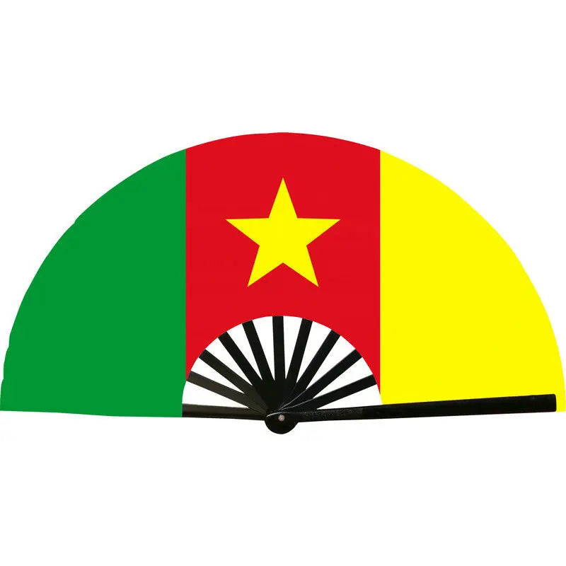 A hand fan featuring the flag of Tangier, composed of green, red, and yellow sections with a yellow star.