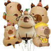A set of cartoon capybara foil balloons in various colors and styles for parties.