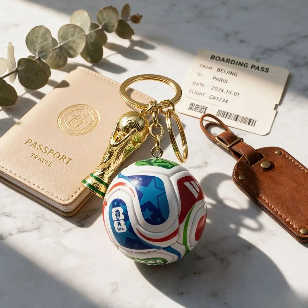 A gold-colored FIFA trophy keychain attached to a soccer ball, resting on a passport and boarding pass.