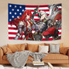 A decorative tapestry wall hanging featuring anime-style characters in patriotic American flag colors.