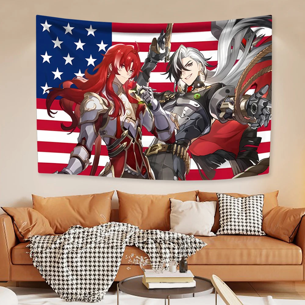 A decorative tapestry wall hanging featuring anime-style characters in patriotic American flag colors.