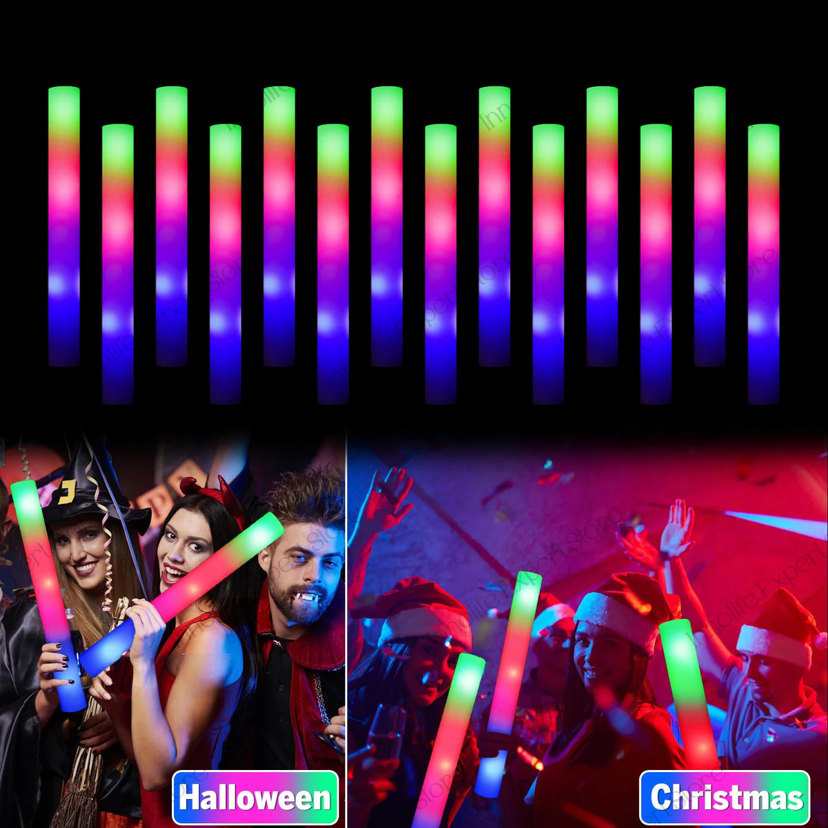 A display of vertical LED foam glow sticks in various colors, including pink, green, and blue, used for Halloween and Christm