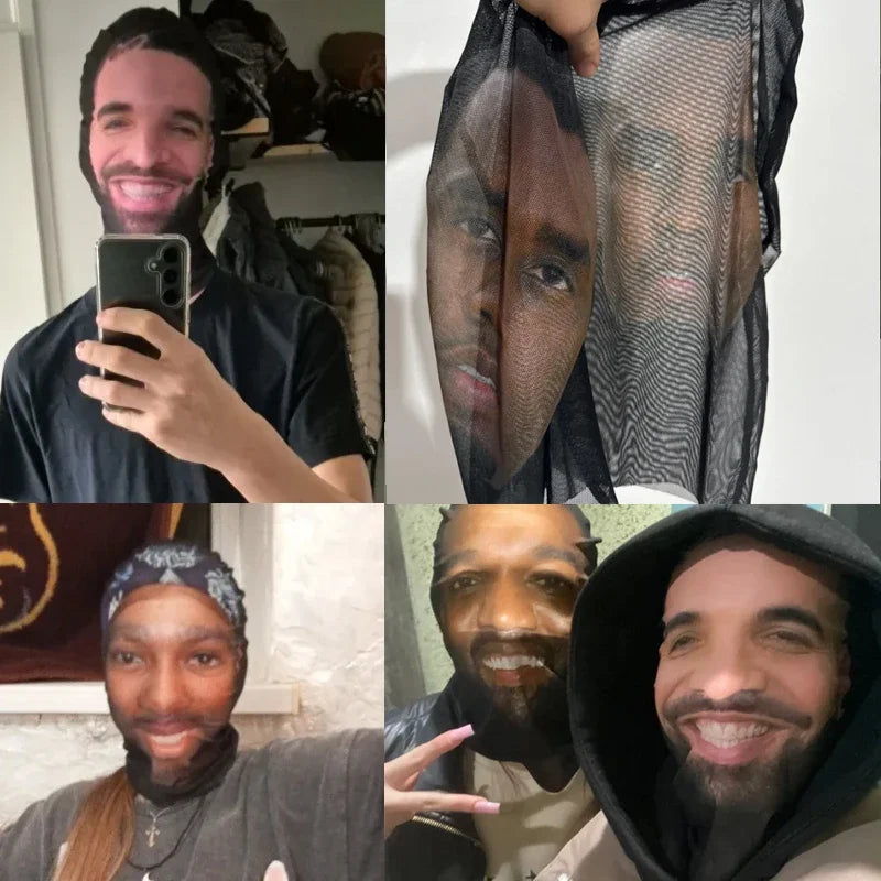 A collage featuring a man wearing a realistic horror mesh balaclava mask and other related images.