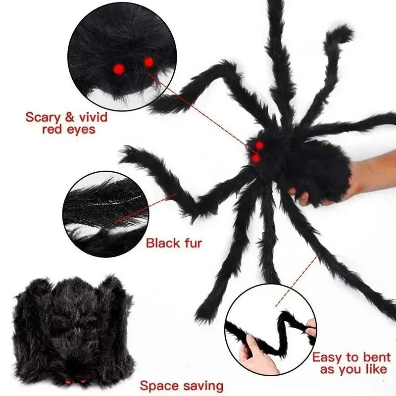 Giant plush black spider decoration with scary red eyes and easy bending features