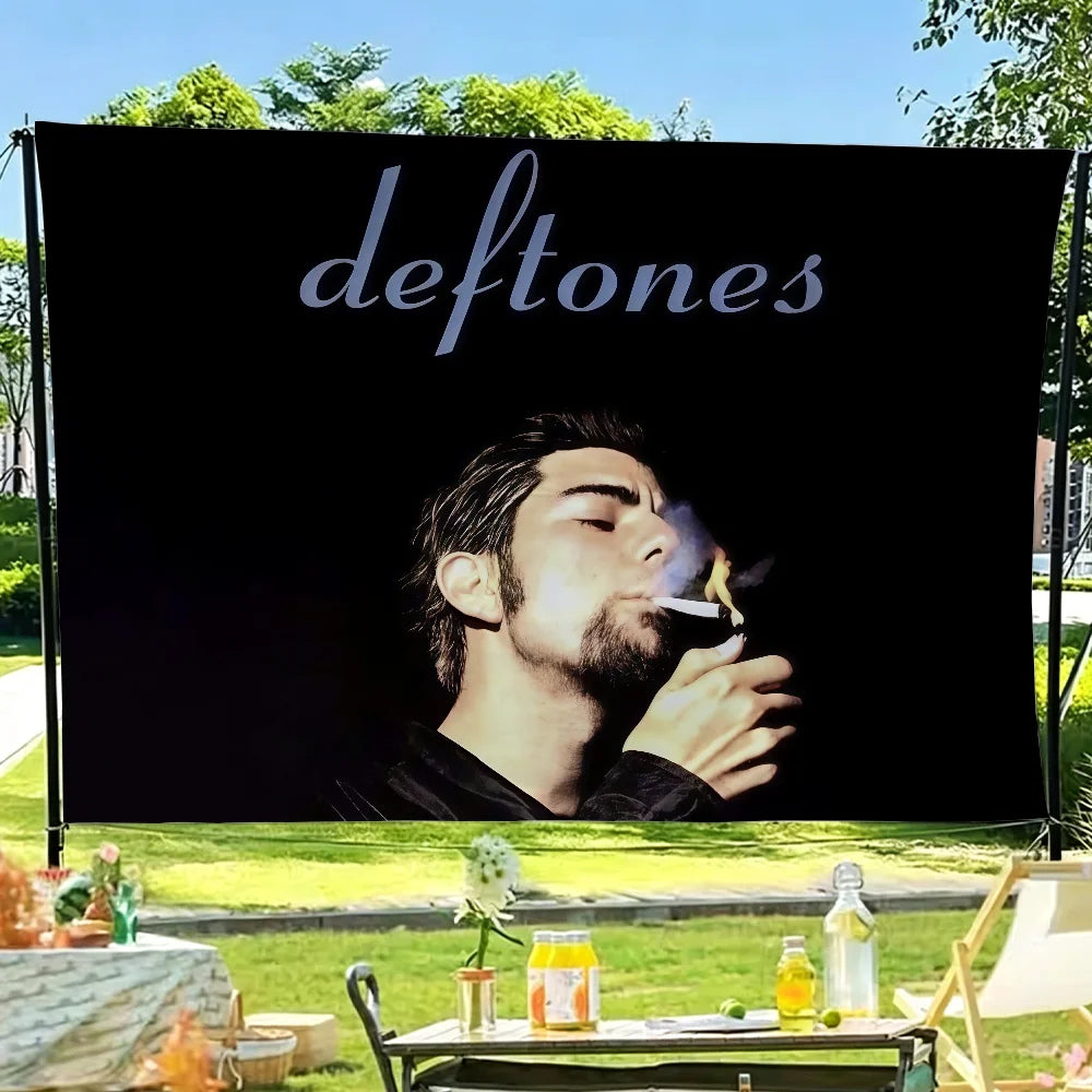 A black banner featuring a close-up portrait of a man smoking, intended as Deftones band flag wall decor.