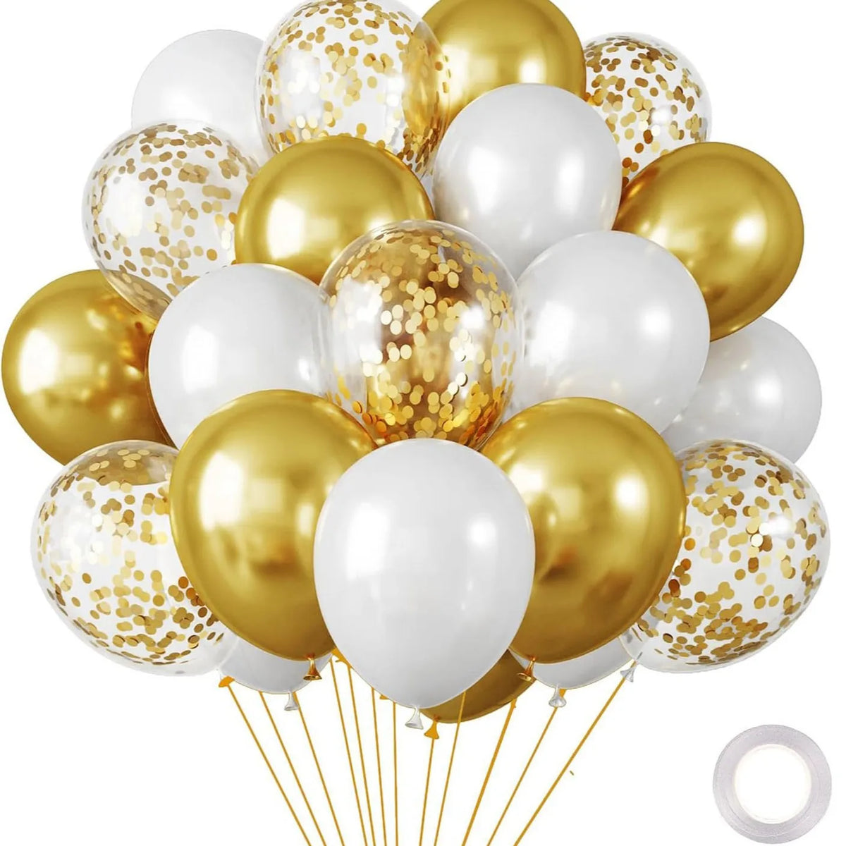 A bunch of gold and white chrome latex balloons tied together on strings