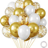 A bunch of gold and white chrome latex balloons tied together on strings.
