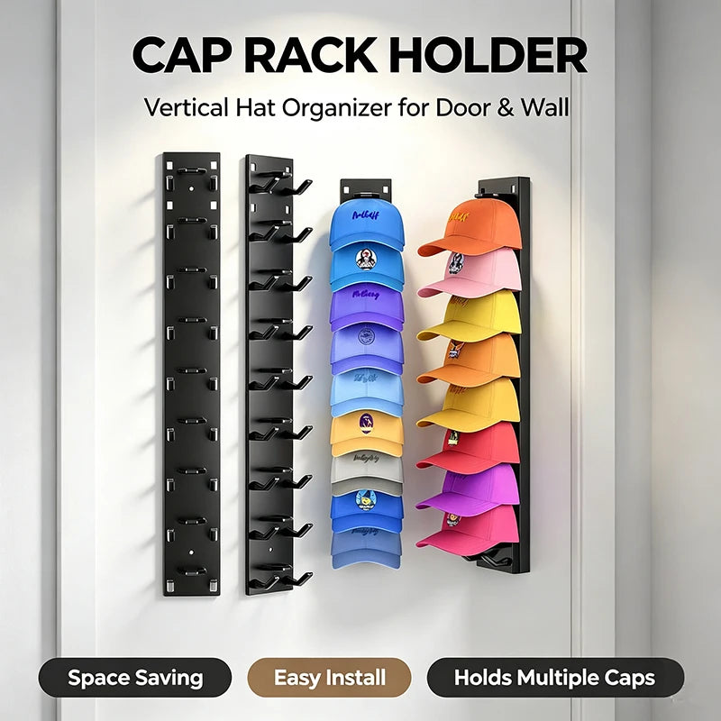 A black wall-mounted cap rack organizer holding multiple baseball hats in various colors.