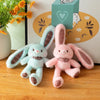 A pair of fluffy light blue and pink rabbit plush toys sitting on a wooden surface.