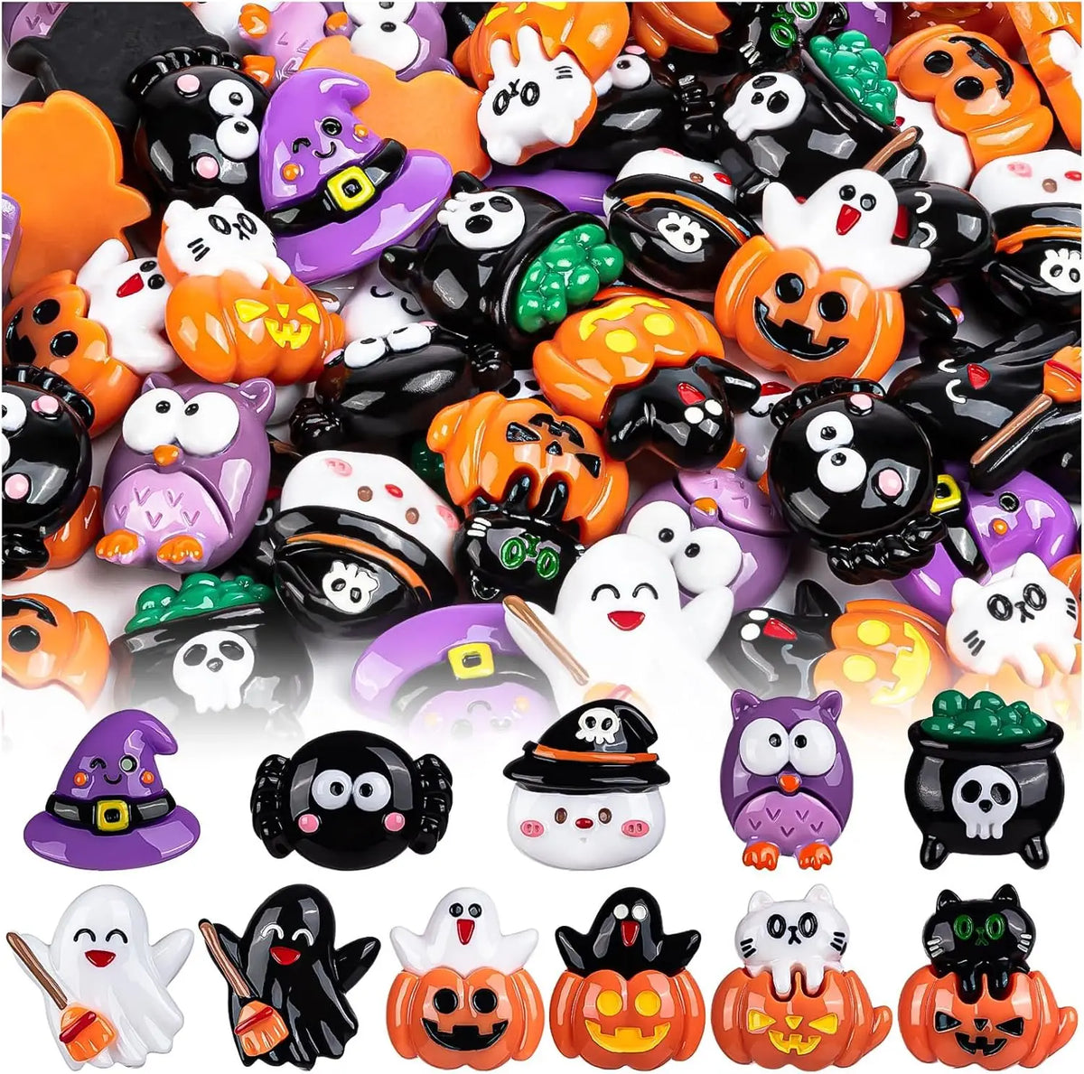 A collection of Halloween resin flatback charms featuring pumpkin and ghost embellishments in various colors.