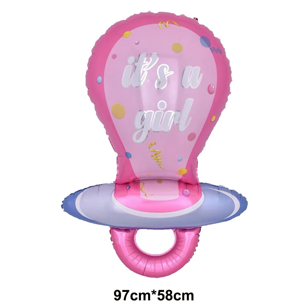 Pink balloon shaped baby bottle for baby shower decor with glitter text and confetti
