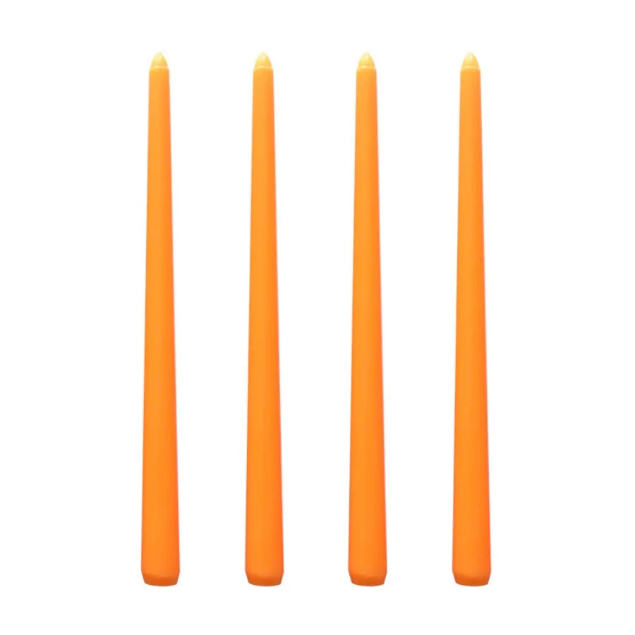 Five gradient color long taper candles standing upright.
