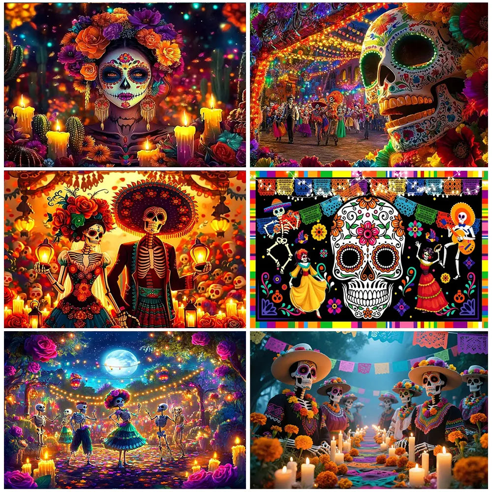 Day of the Dead Skeleton & Floral Backdrop for Party Photo Booth