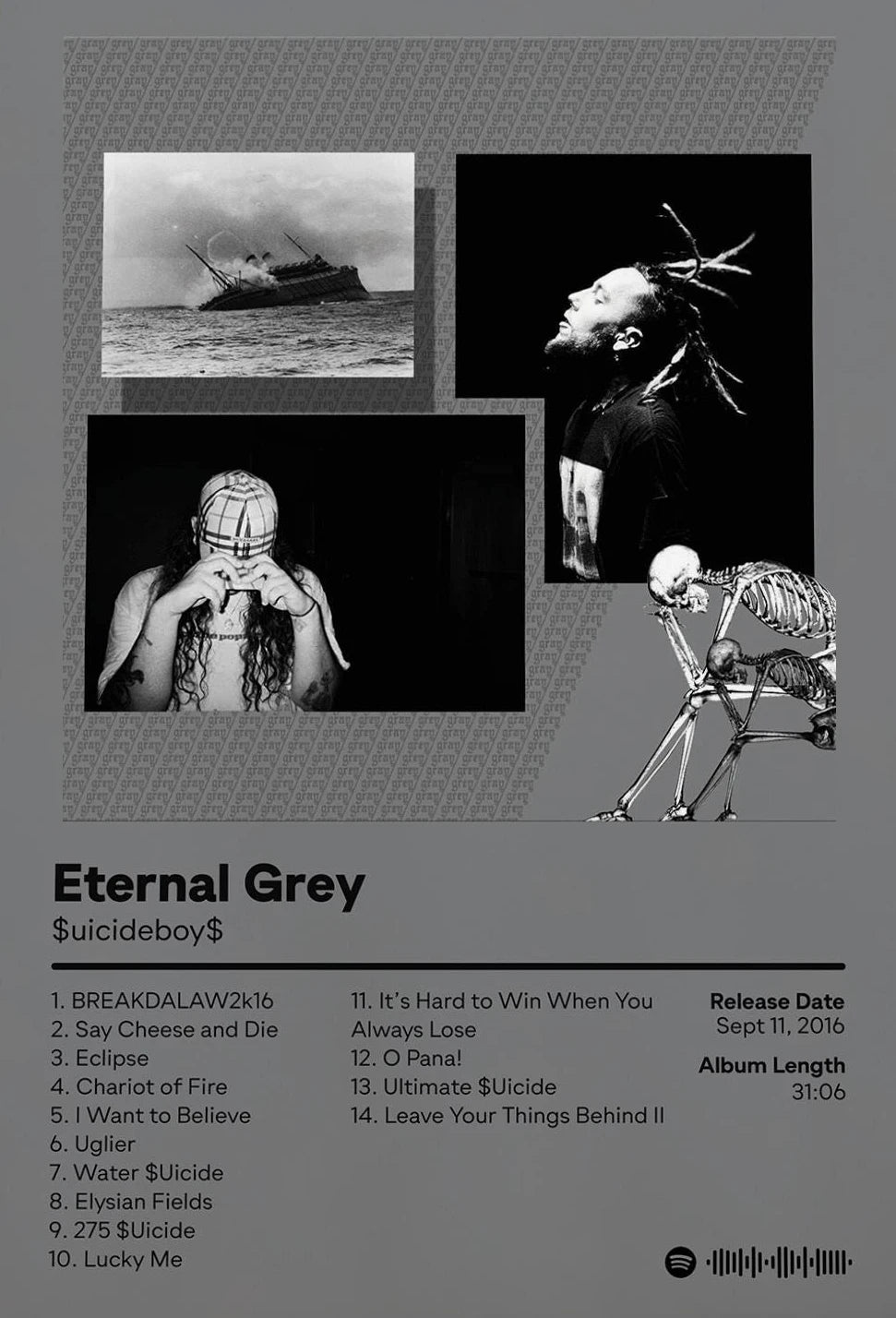 Album cover for Eternal Grey featuring a black and white portrait of a man and tracklist.