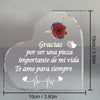 Clear heart-shaped glass keepsake frame with a red rose and text that reads Gracias por ser una pieza importante de mi vida T