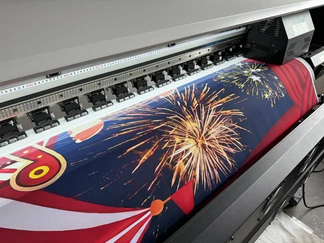 A colorful birthday party decoration set featuring a patriotic design with fireworks and stripes.