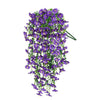 A long, cascading arrangement of purple artificial morning glory flowers used for outdoor decor.