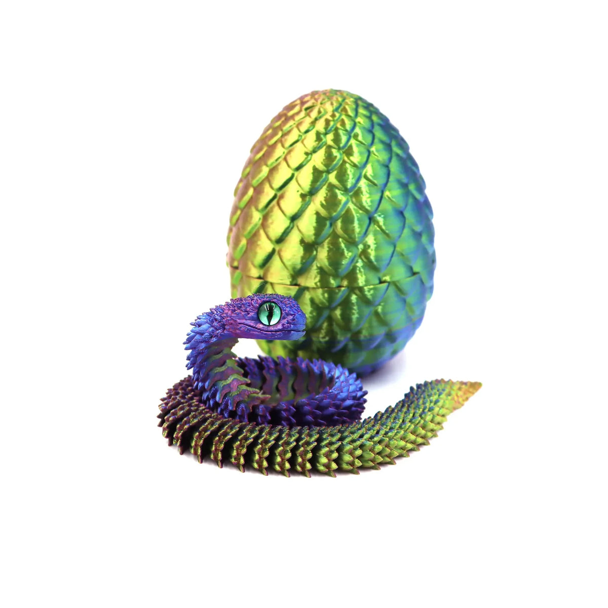 A vibrant green and purple 3D movable snake fidget toy with textured scales.