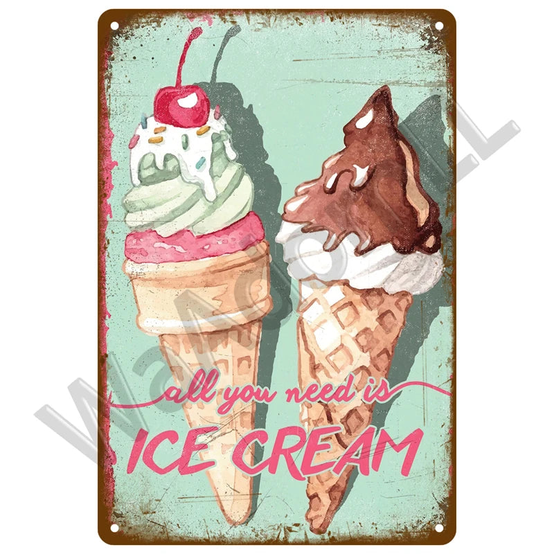 A vintage-style plaque featuring two ice cream cones, one strawberry and one chocolate, with the text All you need is ICE CRE