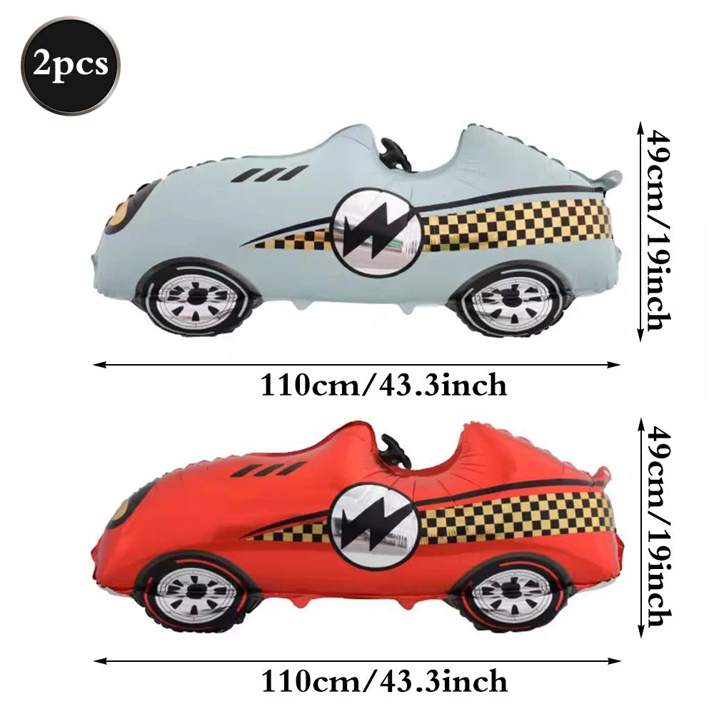 Two race car traffic light balloons, one light blue and one red, shown from the side.