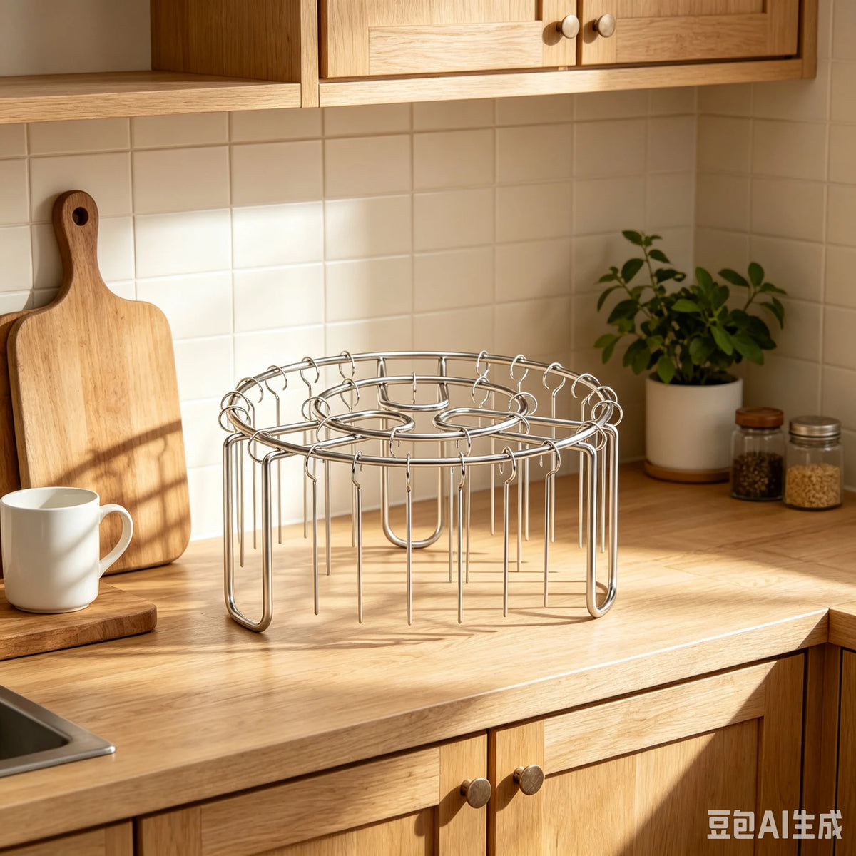 Stainless steel vertical skewer rack for air fryer displayed on a wooden countertop.